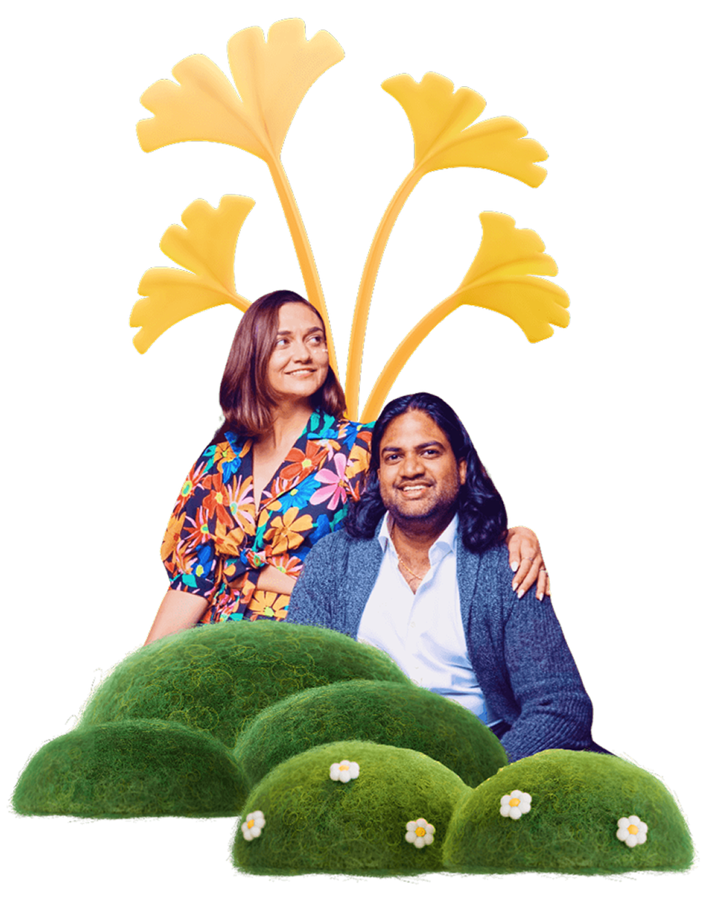 Smiling man and woman sitting amid green moss hummocks with yellow abstract plant shapes behind them.