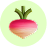 Cartoon radish with green leaves and a purple-pink body in a light green circle.