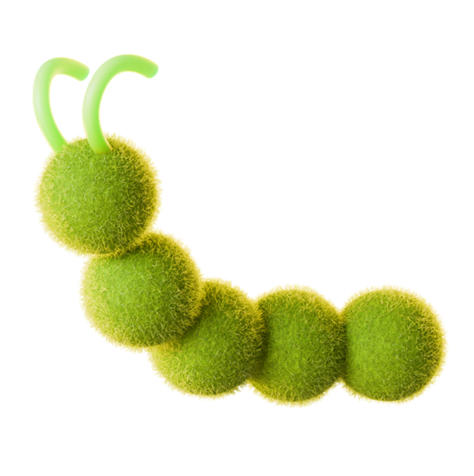 Green fuzzy cartoon caterpillar made of six round segments with two curved antennae.