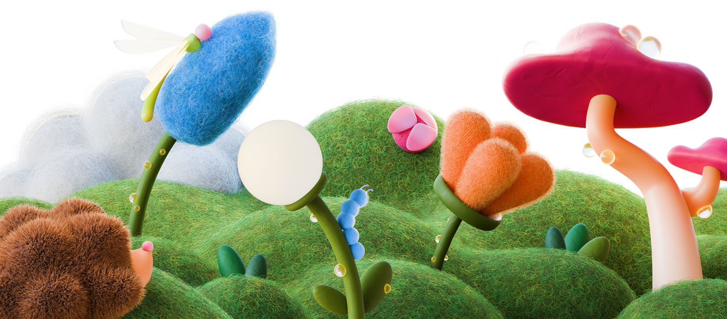 Whimsical scene with fuzzy blue, orange, and white flowers, green hills, and red mushroom caps.