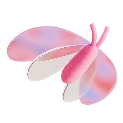 Abstract pink and purple stylized butterfly with translucent wings and two antennae.