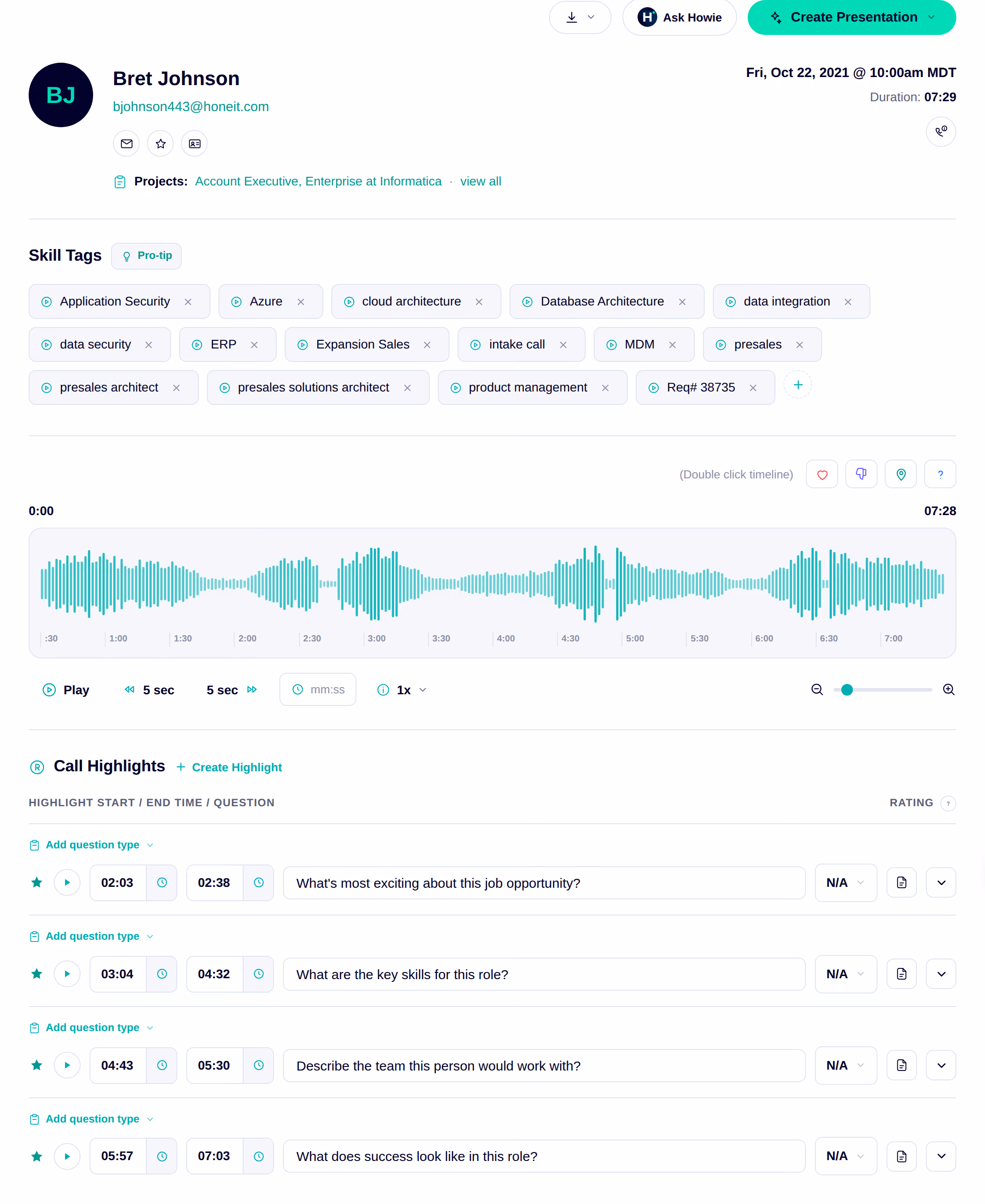 Honeit dashboard showing an intake call with transcript, soundbites, summary, highlights, skill tags, and recruiter notes captured from a hiring manager conversation.