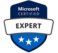 Person in Businesskleidung präsentiert Microsoft-Lösungen, trägt Microsoft-Expertenabzeichen; digitaler Hintergrund.