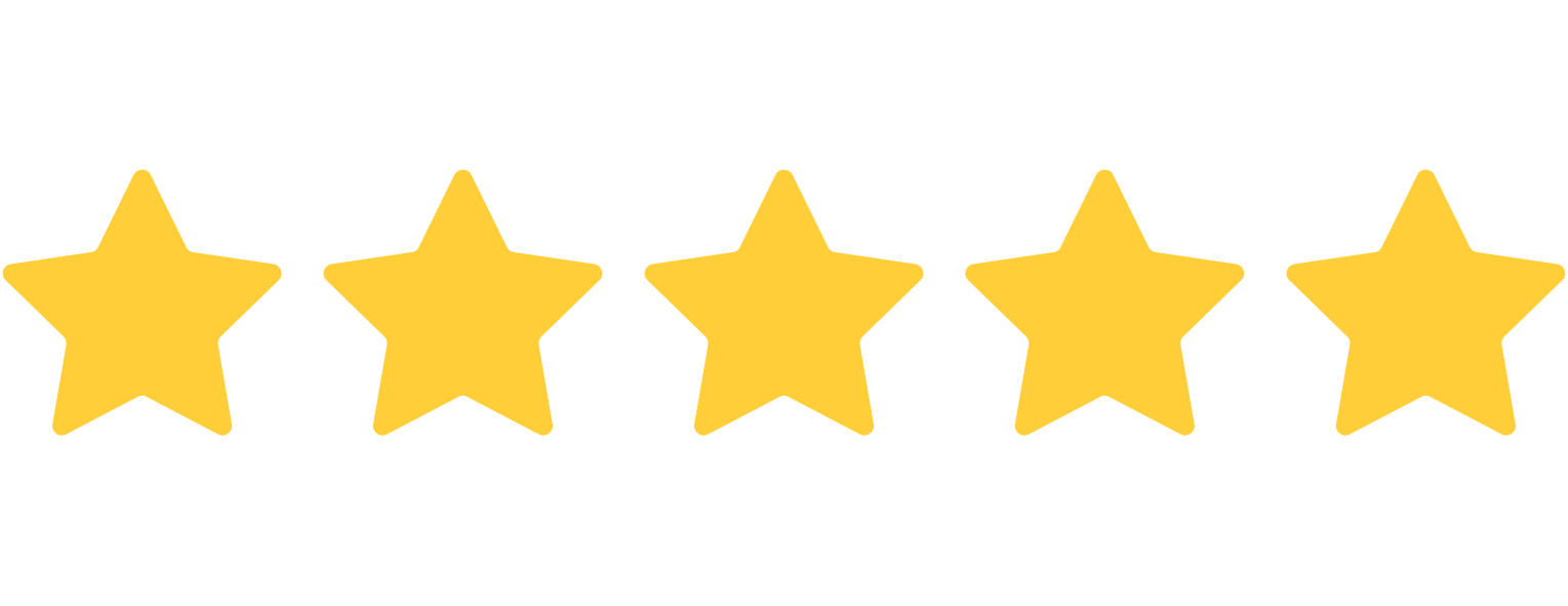 Five yellow stars in a horizontal row representing a five-star rating.