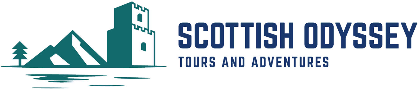 Scottish Odyssey logo with mountain, tree, castle tower, and text Tours and Adventures.