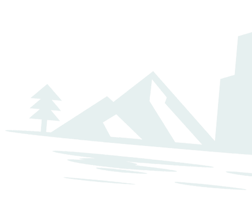 Simplified teal silhouette of a tree, mountains, and a rock formation reflected in water.