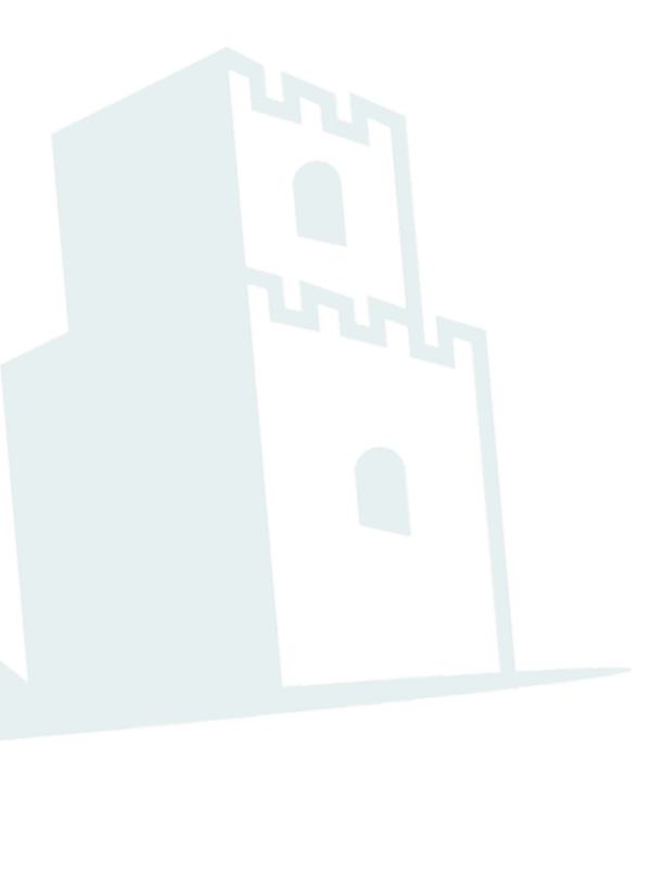 Simple teal castle tower illustration with arched windows and battlements on black background.