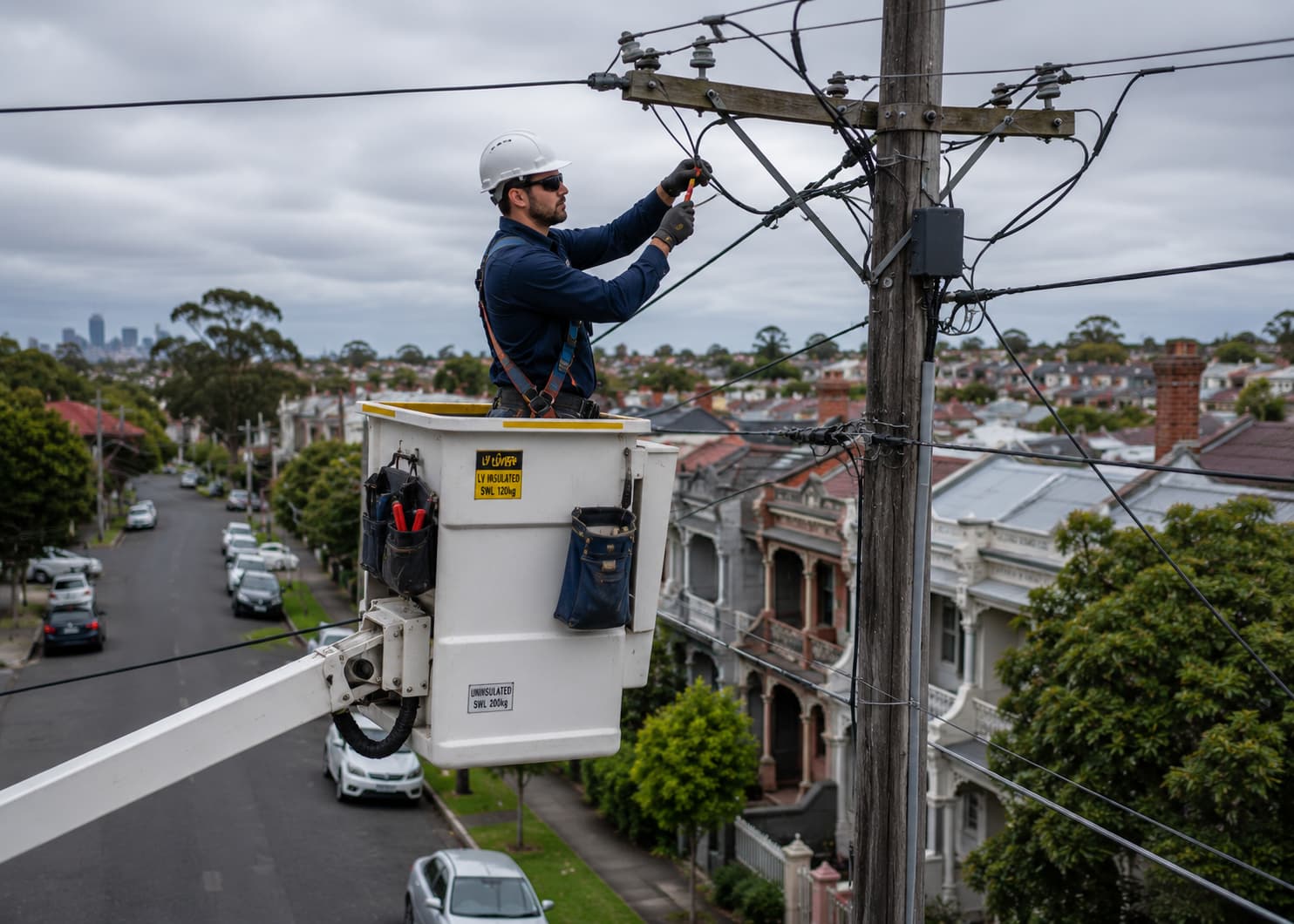 Overhead power line service repair electrician Sydney