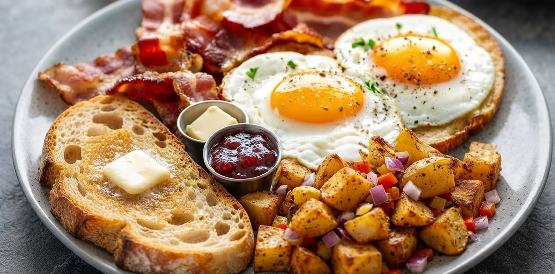 Traditional breakfast meal with two eggs, bacon, home-style potato hash, sourdough toast, and preserves.