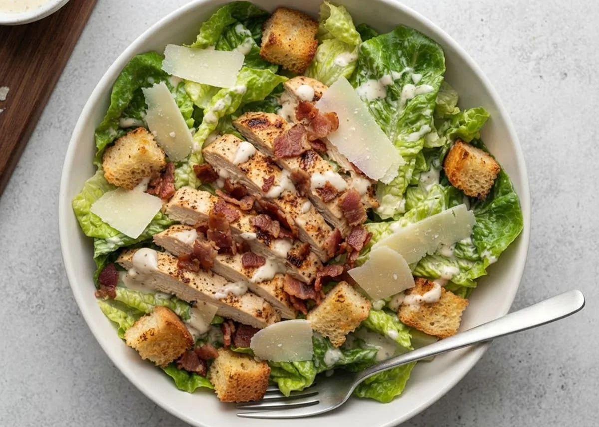 Chicken Caesar Salad with crisp Romaine, grilled chicken, bacon bits, croutons, and Parmesan.