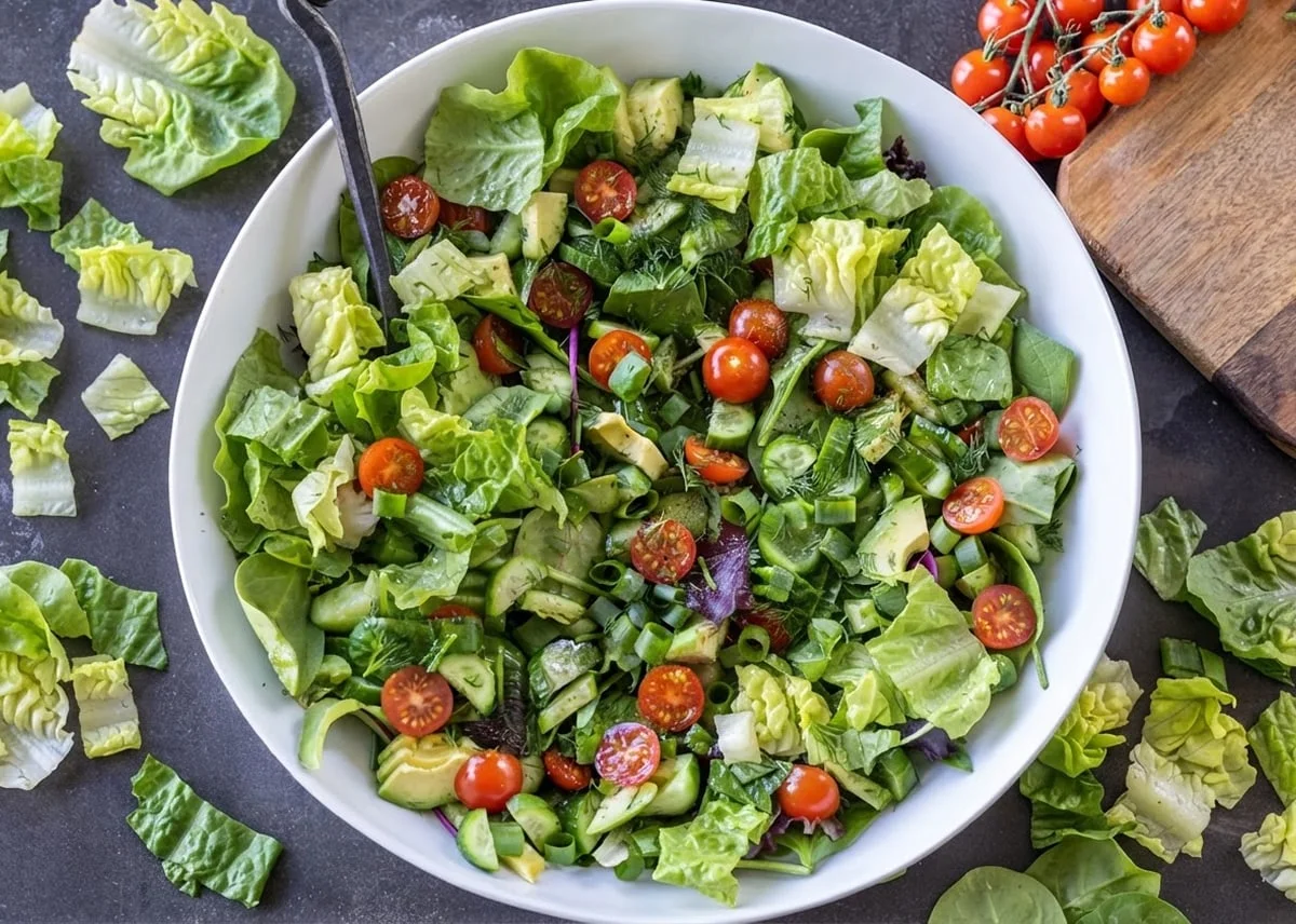 Garden Salad with fresh mixed greens, cherry tomatoes, cucumbers, and salad dressing.