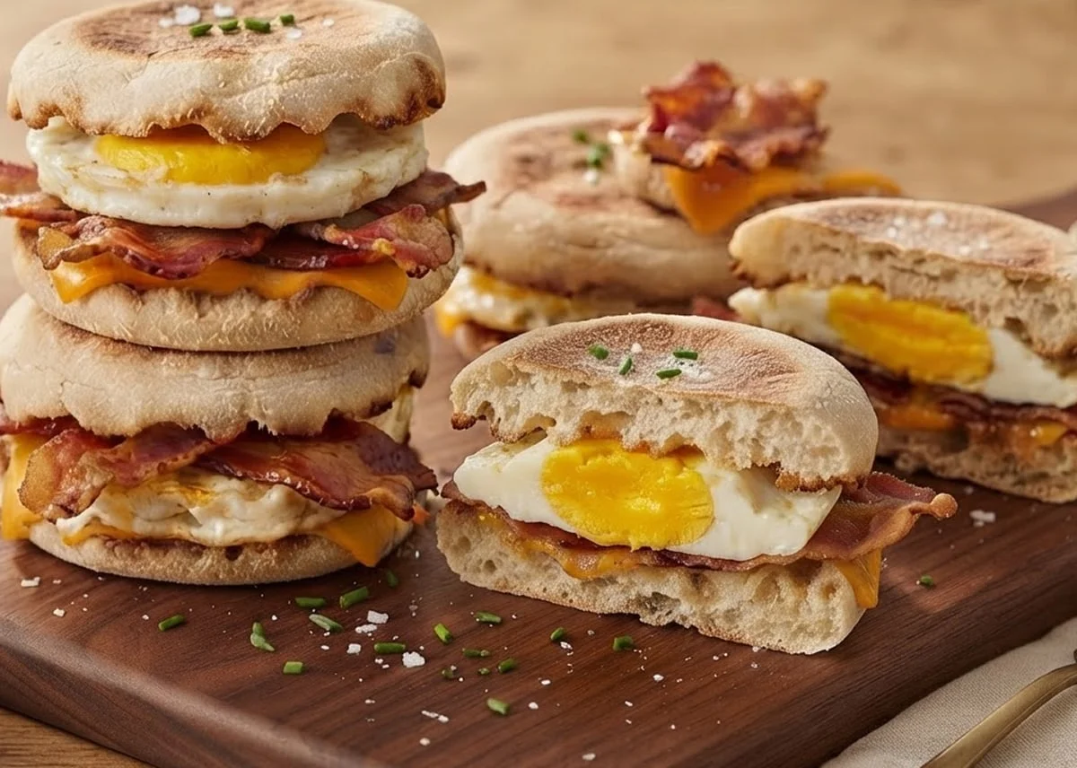 Stack of toasted English muffin breakfast sandwiches with egg, sausage patty, and melted cheddar cheese.