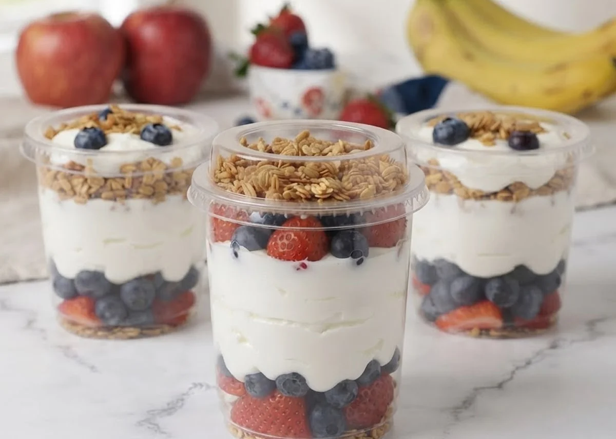 Yogurt Parfaits layered with creamy yogurt, house-made granola, fresh strawberries, and blueberries.