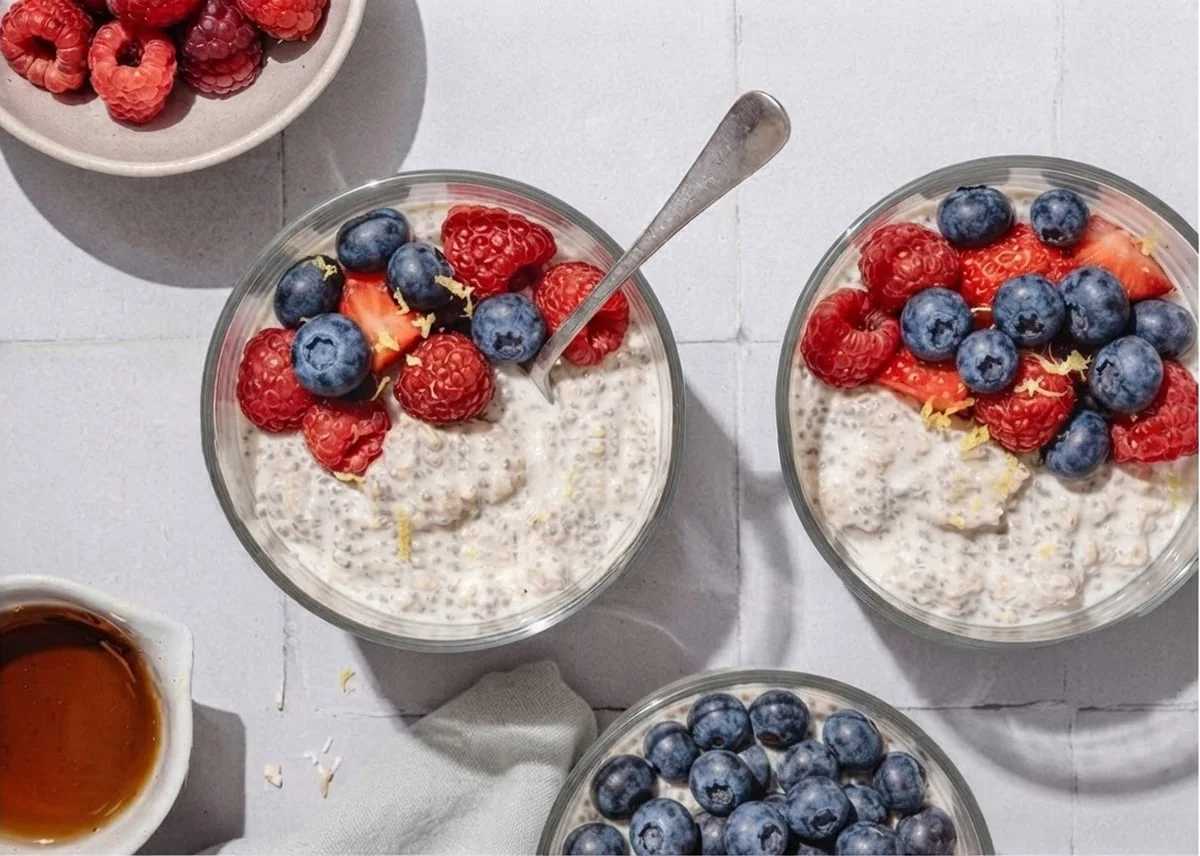 Bowl of chia overnight oats topped with fresh berries