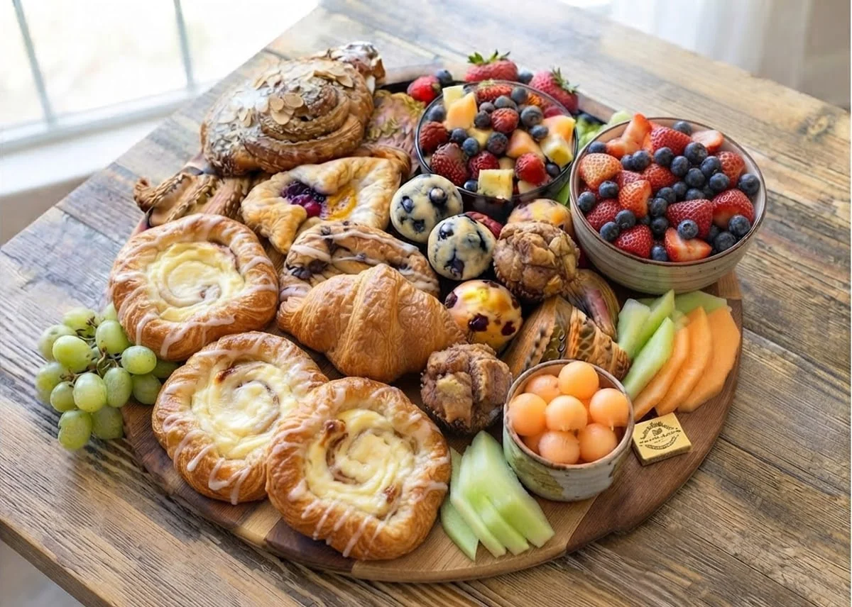 Eye Opener breakfast platter with fresh croissants, pastries, and fruit.