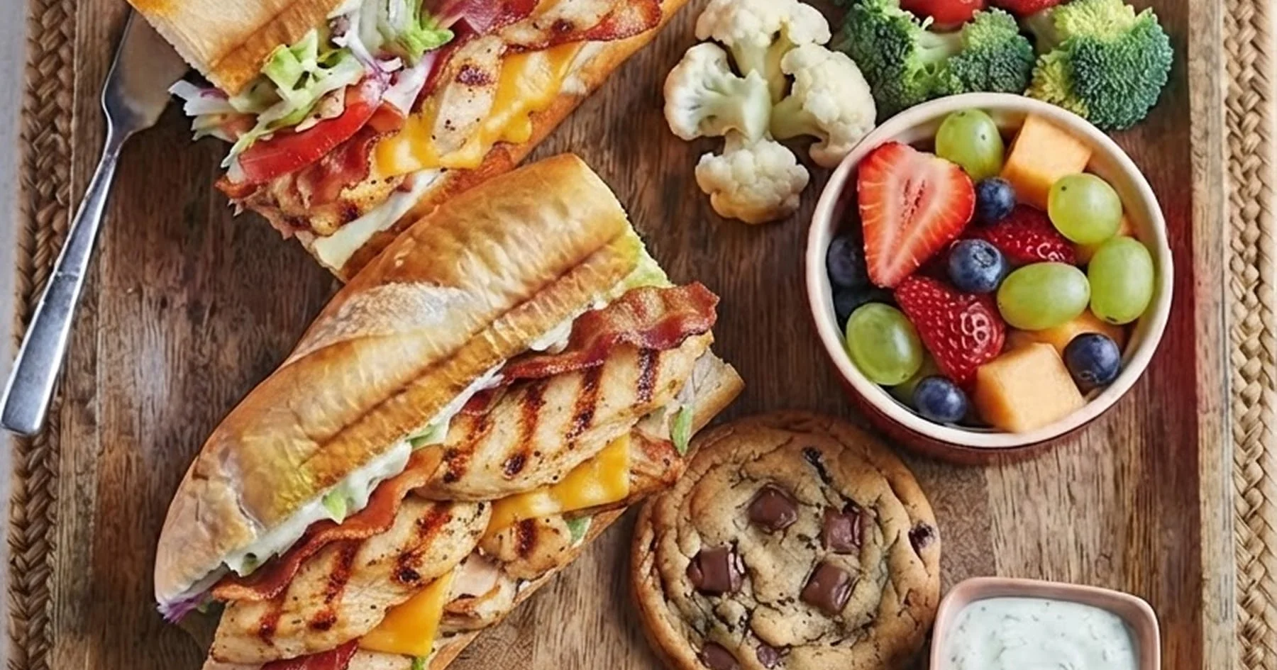 Artisan baguette sandwich with grilled chicken and bacon served with fresh fruit salad, cookie, and dipping sauce.