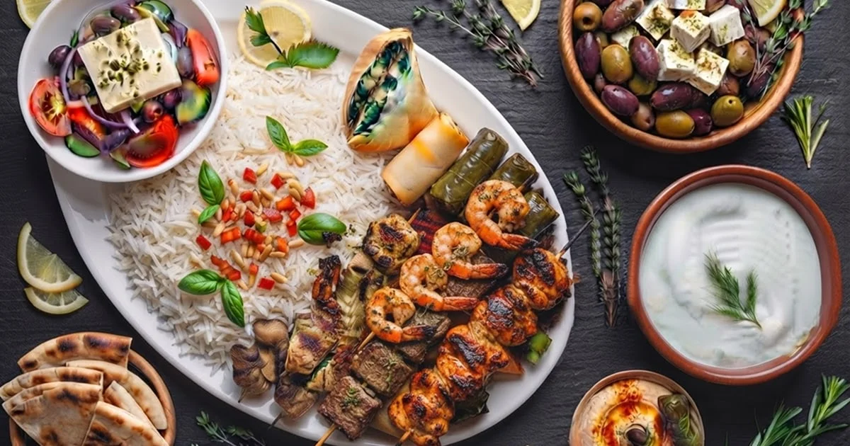 Greek themed catering platter with grilled skewers, basmati rice, tzatziki, hummus, and Greek salad.