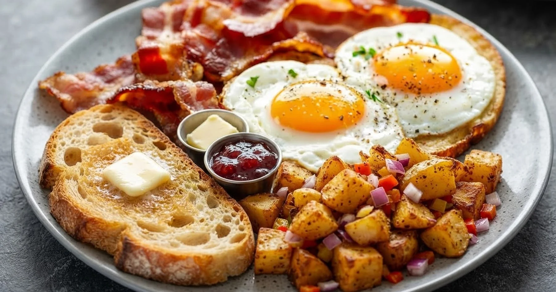 Classic breakfast platter with sunny-side-up eggs, crispy bacon, home fries, buttered toast, and jam.