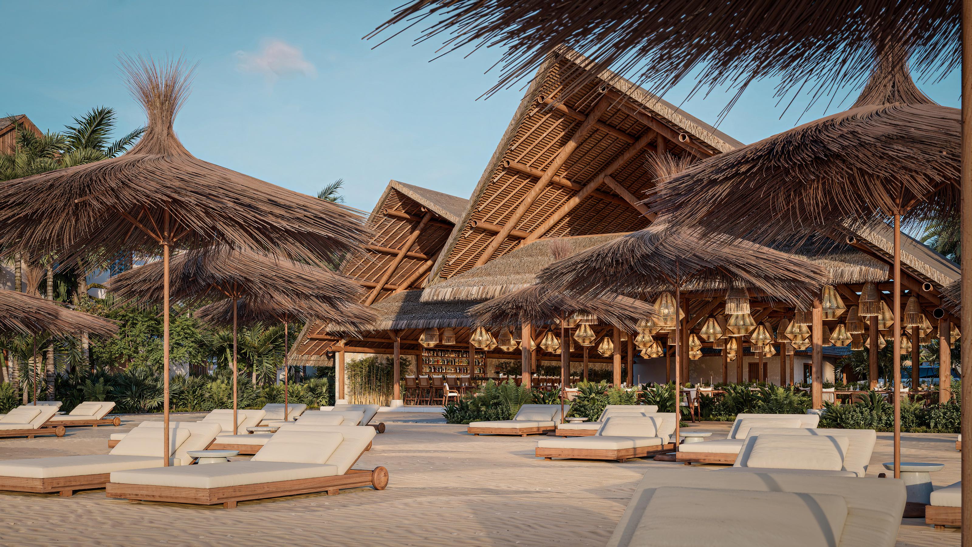 Beach bar and loungers at Tampah Beach Villas