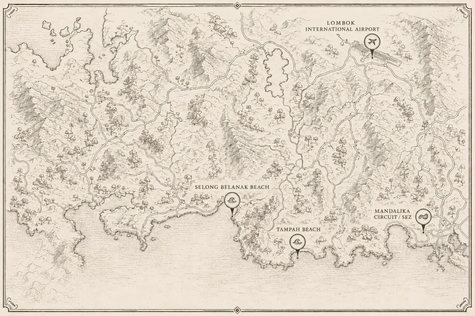 Illustrated map of South Lombok showing Tampah Beach, Selong Belanak, Mandalika and Lombok International Airport