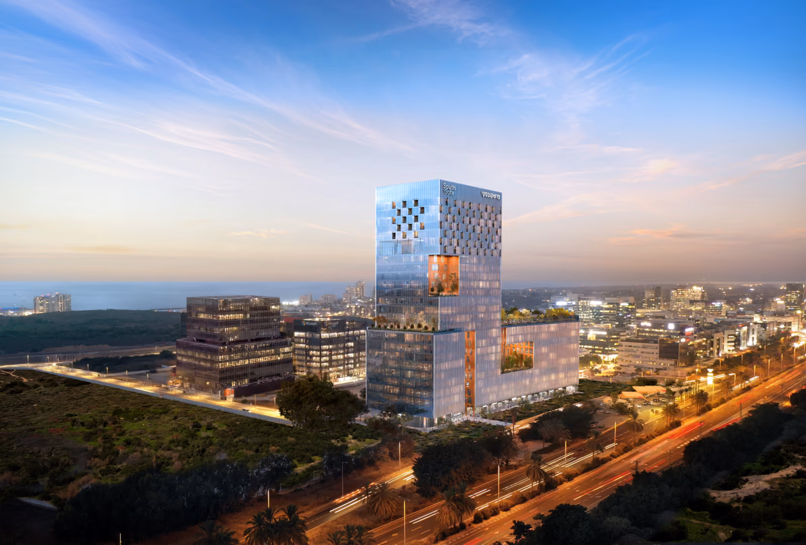Glass skyscraper with checkerboard facade