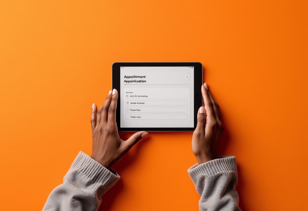 image of hands on an appointment booking on a tablet for a garment care service