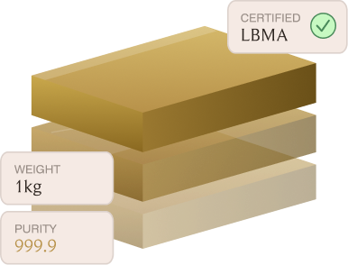 Three stacked gold bars labeled 1 kg weight, 999.9 purity, and LBMA certified with a checkmark.