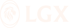 LGX brand logo with a stylized lion head inside concentric circles to the left of the letters LGX.