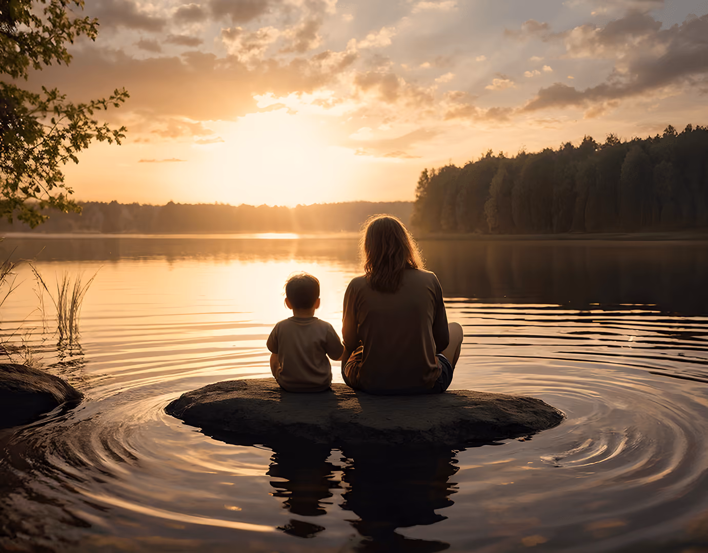 Ein Kind und eine erwachsene Person sitzen bei Sonnenuntergang auf einem Stein im See.
