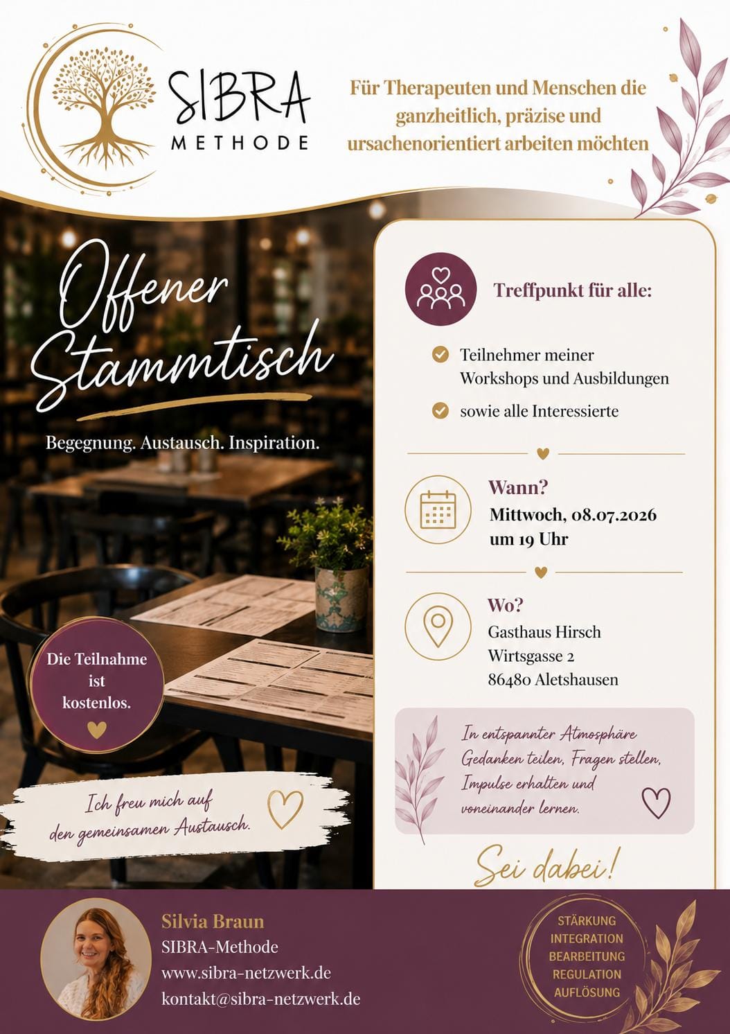 Anzeige für offenen Stammtisch mit Datum, Ort, Kontakt und Infos zur SIBRA-Methode und Silvia Braun.