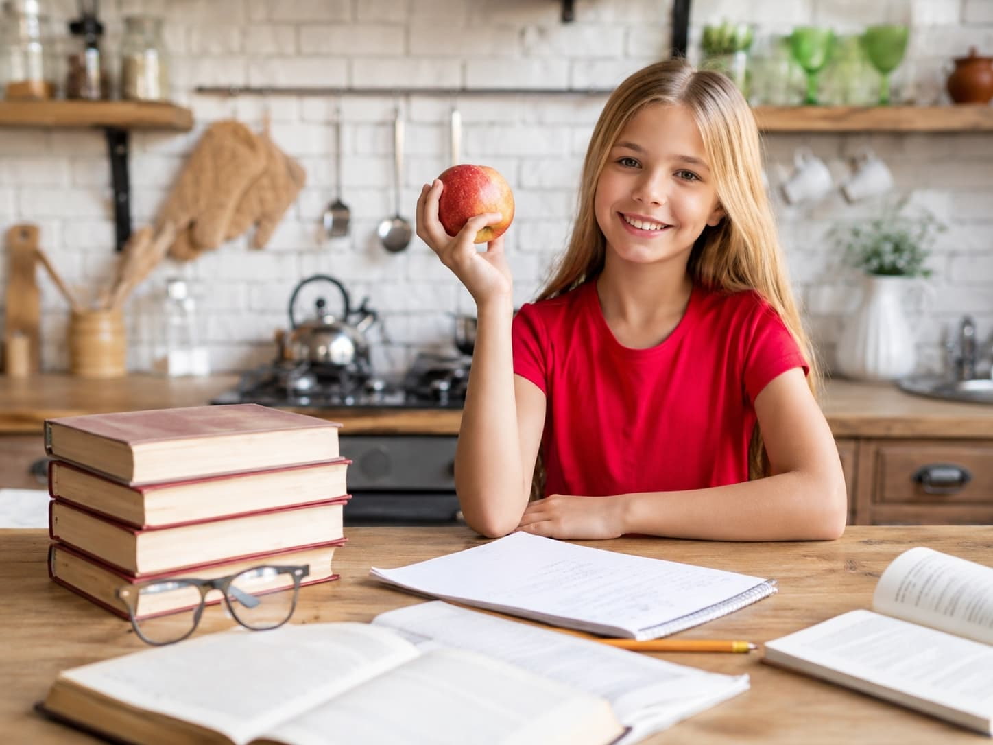 Mädchen sitzt lächelnd mit einem Apfel an ihrem Schreibtisch mit Büchern
