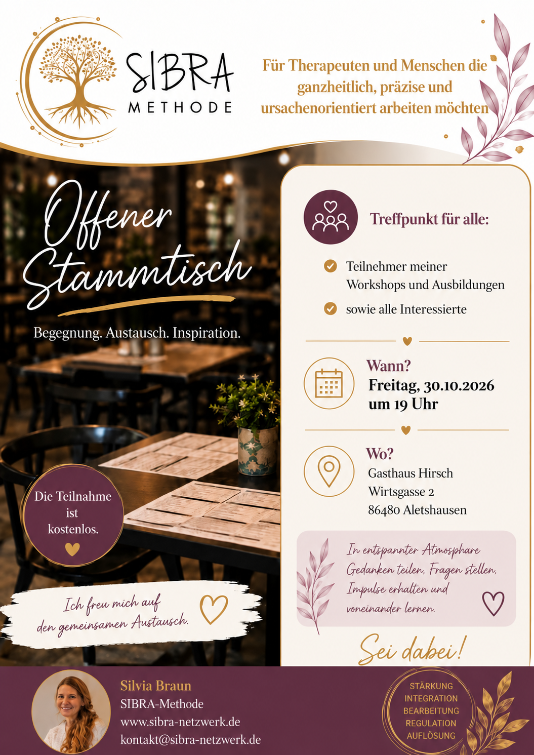 Anzeige für offenen Stammtisch mit Datum, Ort, Kontakt und Infos zur SIBRA-Methode und Silvia Braun.