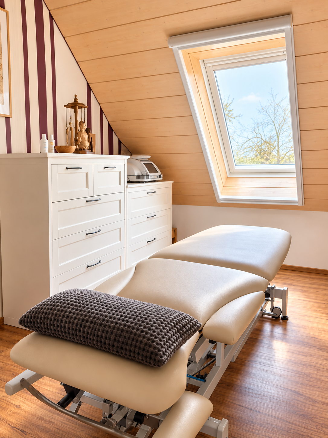 Behandlungszimmer mit verstellbarer Liege, Kissen, weißen Schränken und Dachfenster.