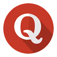 White letter Q centered on a red circle with a long shadow background.