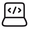 Graphic of a laptop screen displaying code with curly braces and plus signs.