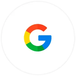 Google logo with a multicolored G on a white circular background.