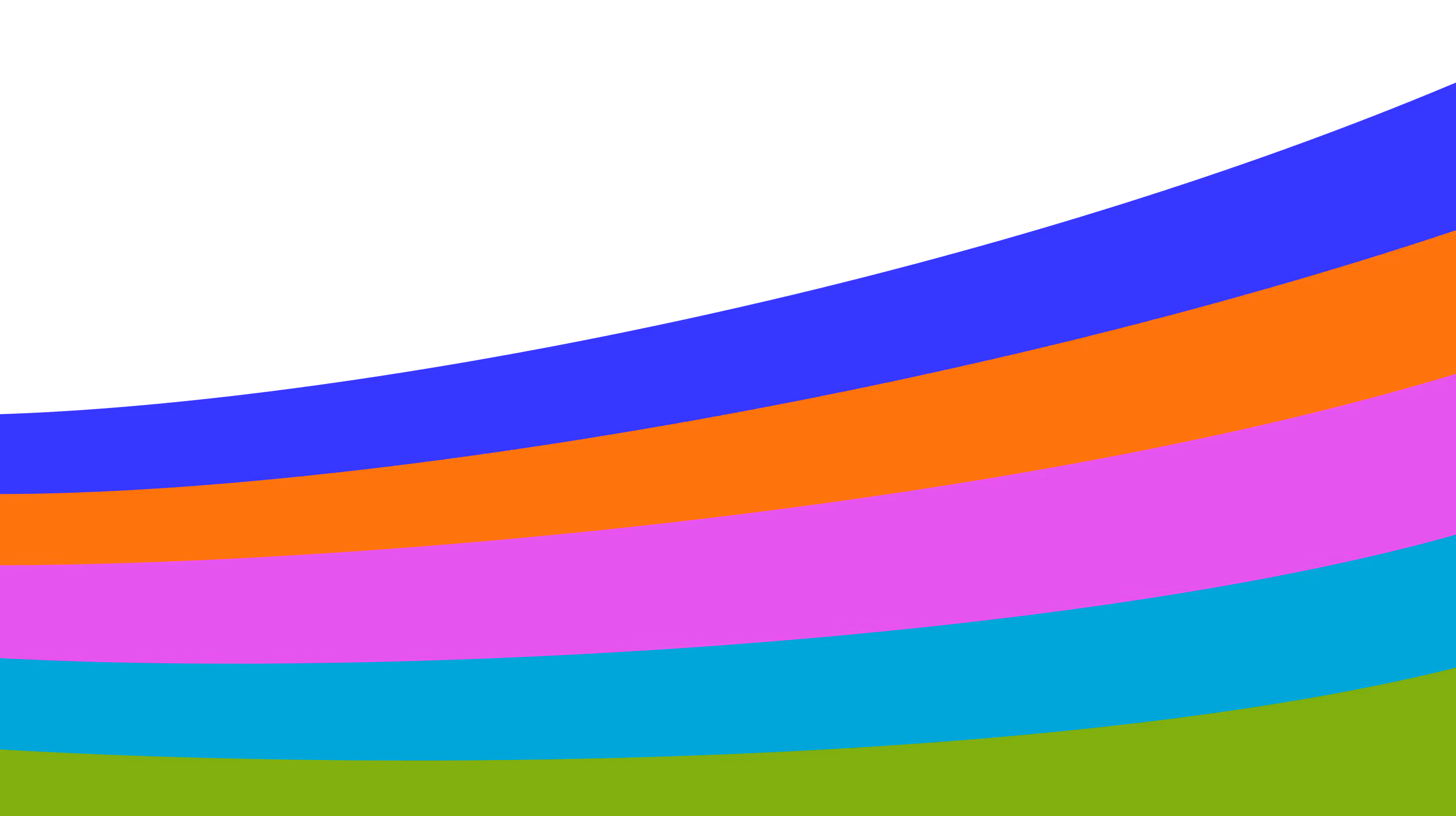 Curved horizontal bands in blue, orange, purple, teal, and green on black background.