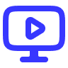 Blue computer monitor icon with a play button symbol in the center.