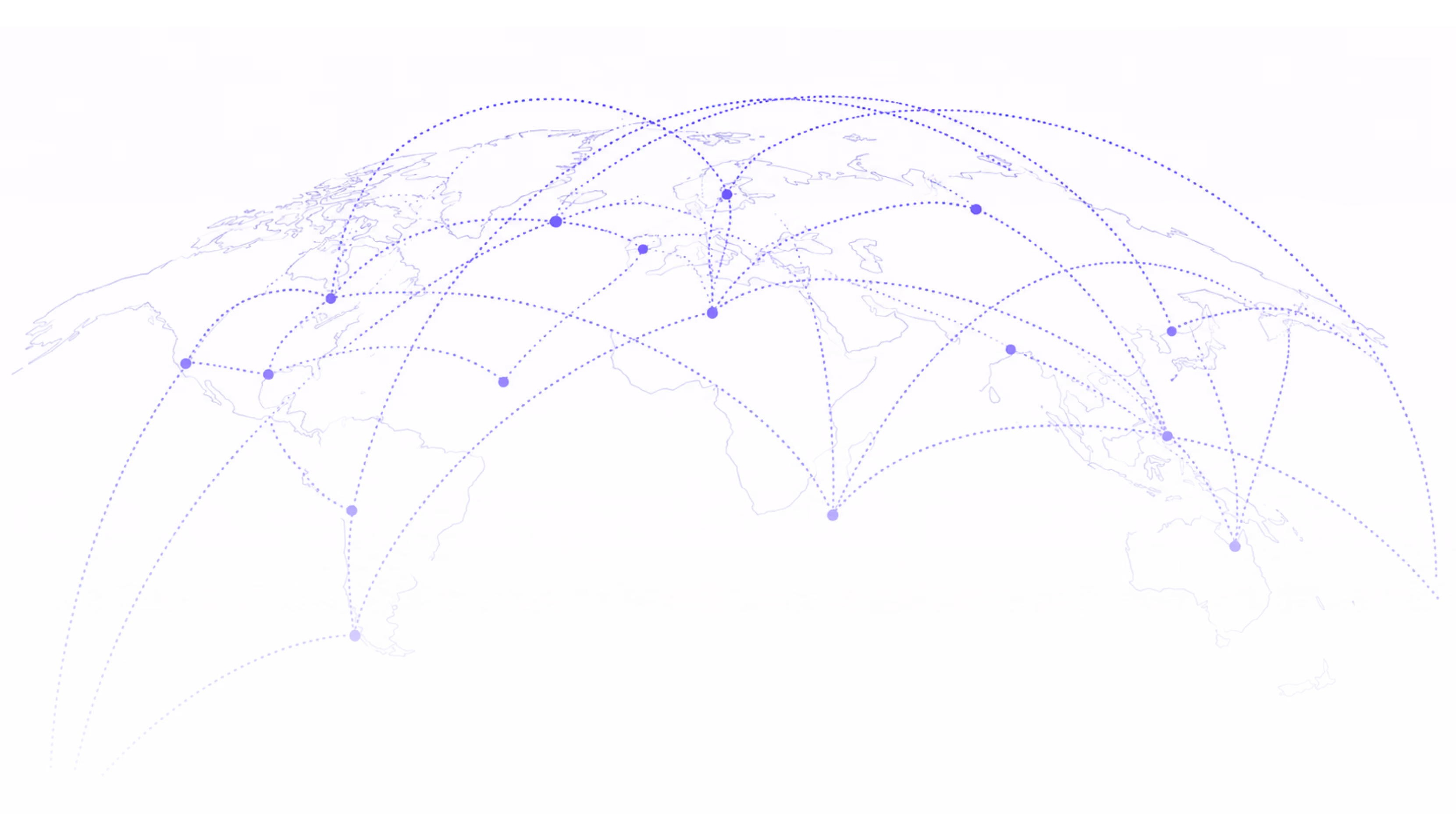 World map with blue dotted lines connecting nodes across continents representing global network or communication links.