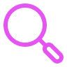 Magnifying glass icon with a purple outline on a white background.