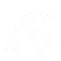 White map marker icon connected by curved line to a pointer arrow on black background.
