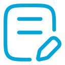 Blue icon of a document with text lines and a pencil indicating writing or editing.