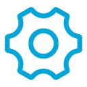 Blue settings gear icon with central circle and eight rounded teeth on transparent background.