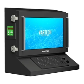 Industrial rugged computer workstation with Vartech Systems logo on screen and attached keyboard.