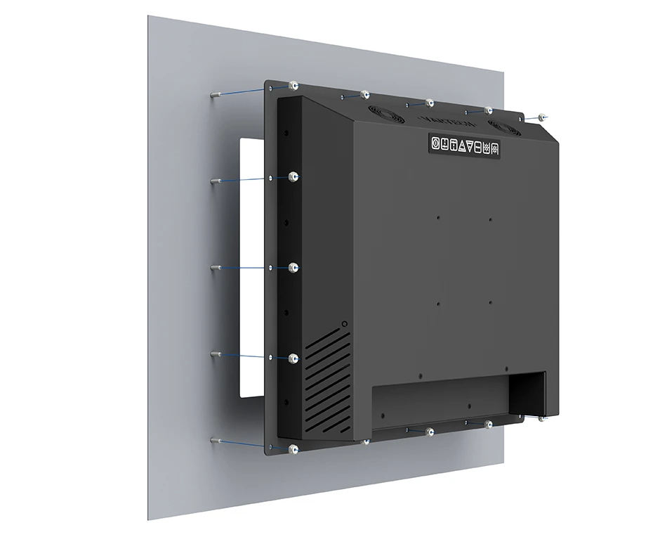 Black electronic chassis mount secured with screws to a grey panel, showing rear and side vents.
