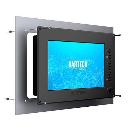 Wall-mounted Vartech Systems touchscreen console with control buttons on the right side.