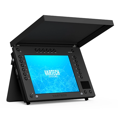 Black Vartec Systems electronic device with screen and buttons, angled with an open sunshade on top.