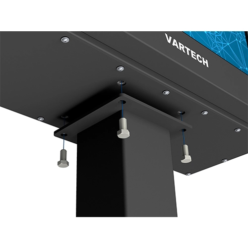Metal pedestal with bolts securing a rectangular display panel labeled VARTECH.