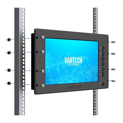 Flat screen monitor with Vartech Systems logo mounted on adjustable rack rails with screws.