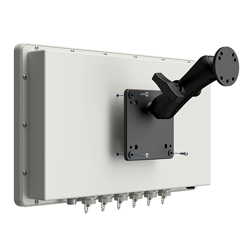 Rectangular metal device with multiple cable connectors and a black adjustable mounting arm.